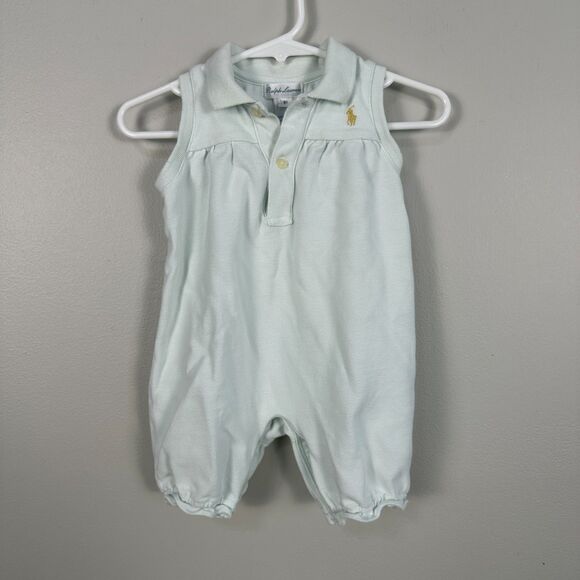 Ralph Lauren Baby Girl 9 Months Bubble Romper Shortall Blue Short Sleeve Collar - Picture 1 of 3